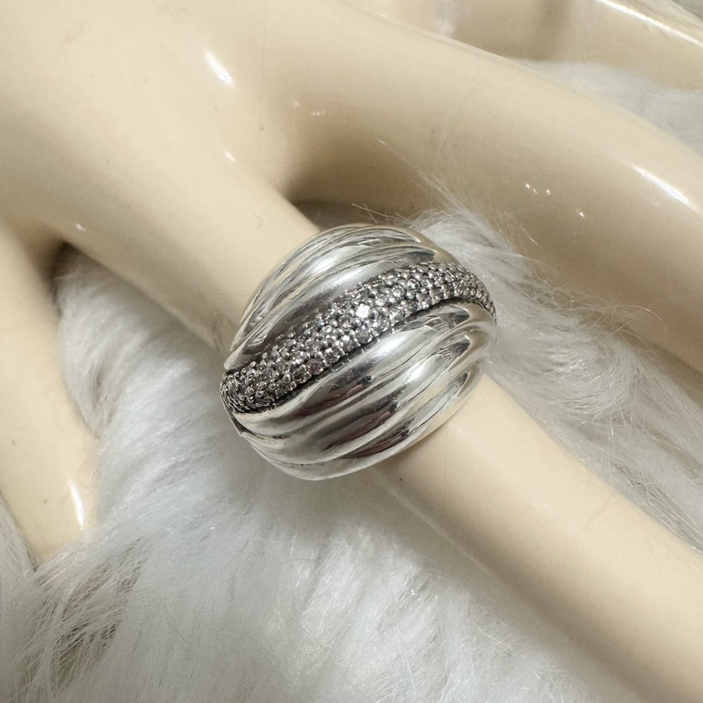 David Yurman .925 Diamond Waverly Sculpted Cable DY Logo Large Dome Ring Sz 6